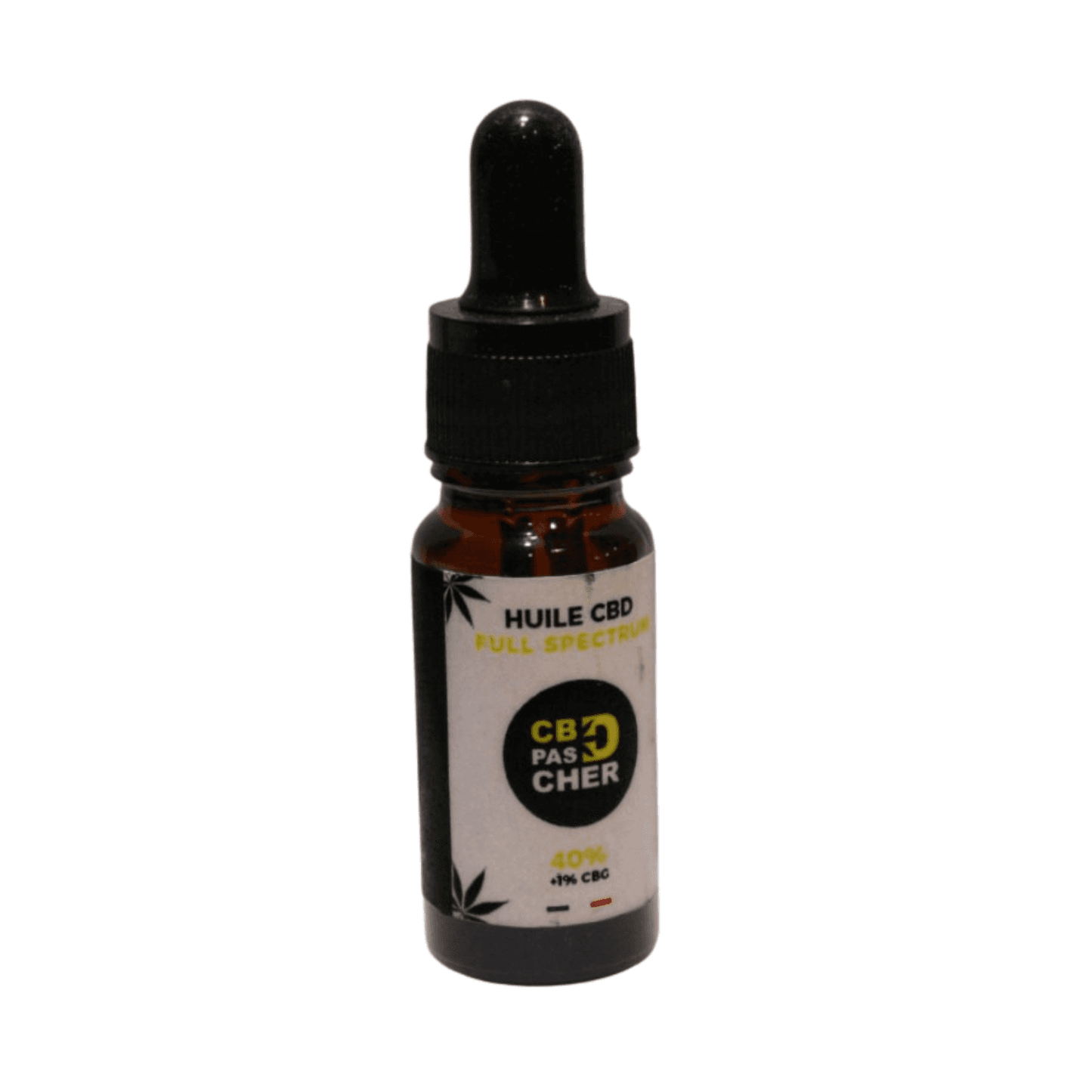 Brown dropper bottle with label for Huile 40% CBD MCT Full Spectrum featuring black cap and white background text.