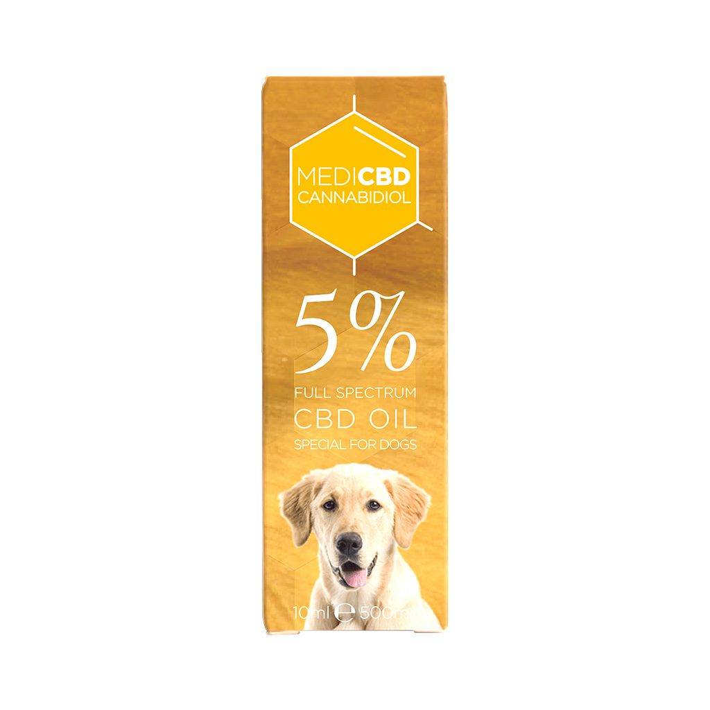 Packaging huile CBD chien MediCBD 5% face avant golden retriever â boĂźte dorĂ©e 10ml complĂ©ment bien-ĂȘtre animal cannabidiol naturel, cadeau propriĂ©taire chien pas cher livraison rapide France