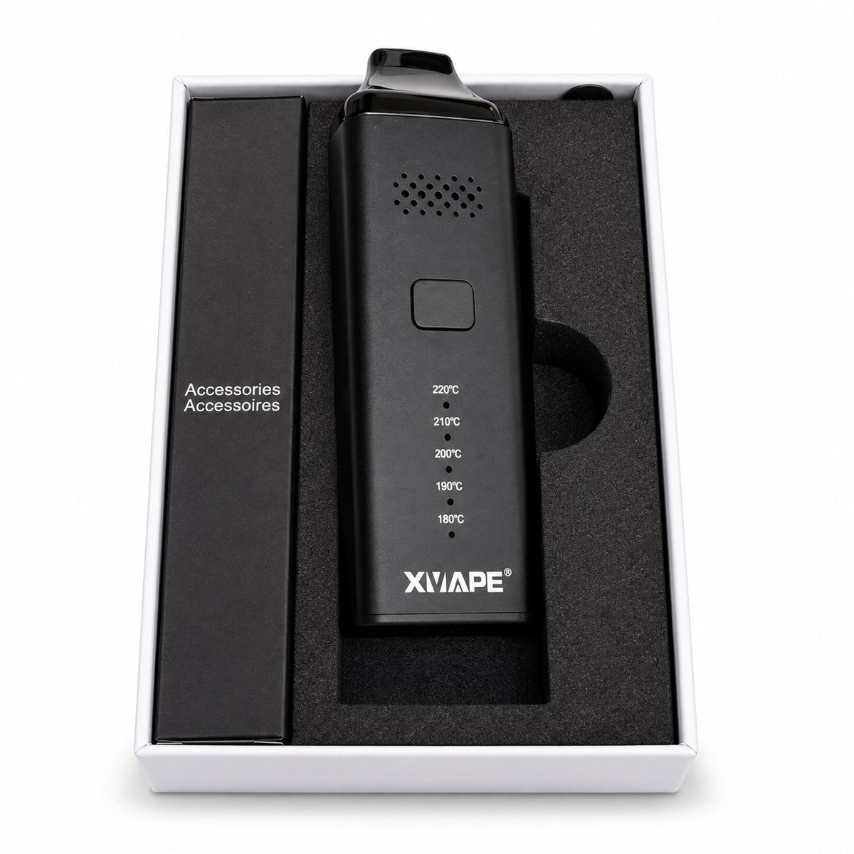 Vaporisateur XVAPE Avant noir dans sa boîte, 5 températures de 180 à 220 °C