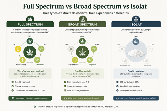 différence Full Spectrum Broad Spectrum, CBD Full Spectrum, CBD Broad Spectrum, isolat CBD, CBD sans THC, spectre complet CBD, effet d’entourage CBD, extrait CBD, huile CBD spectre complet, certificat analyse CBD