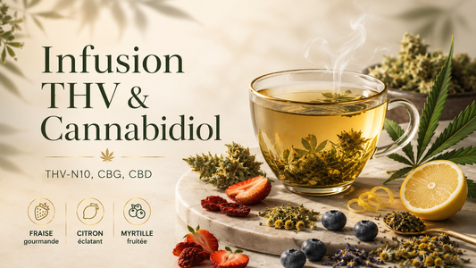 Infusion THV et cannabidiol dans une tasse en verre, entourée de fleurs de chanvre, citron, fraises et myrtilles.