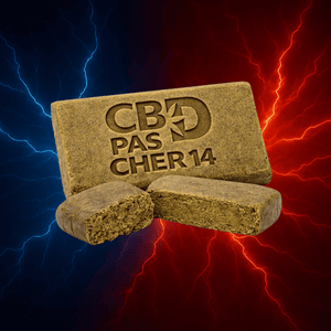 Résine CBD+ x3 Filtré "cookie" présentation de résine pure et puissante avec logo CBD pas cher 14 sur fond éclairs rouges et bleus.