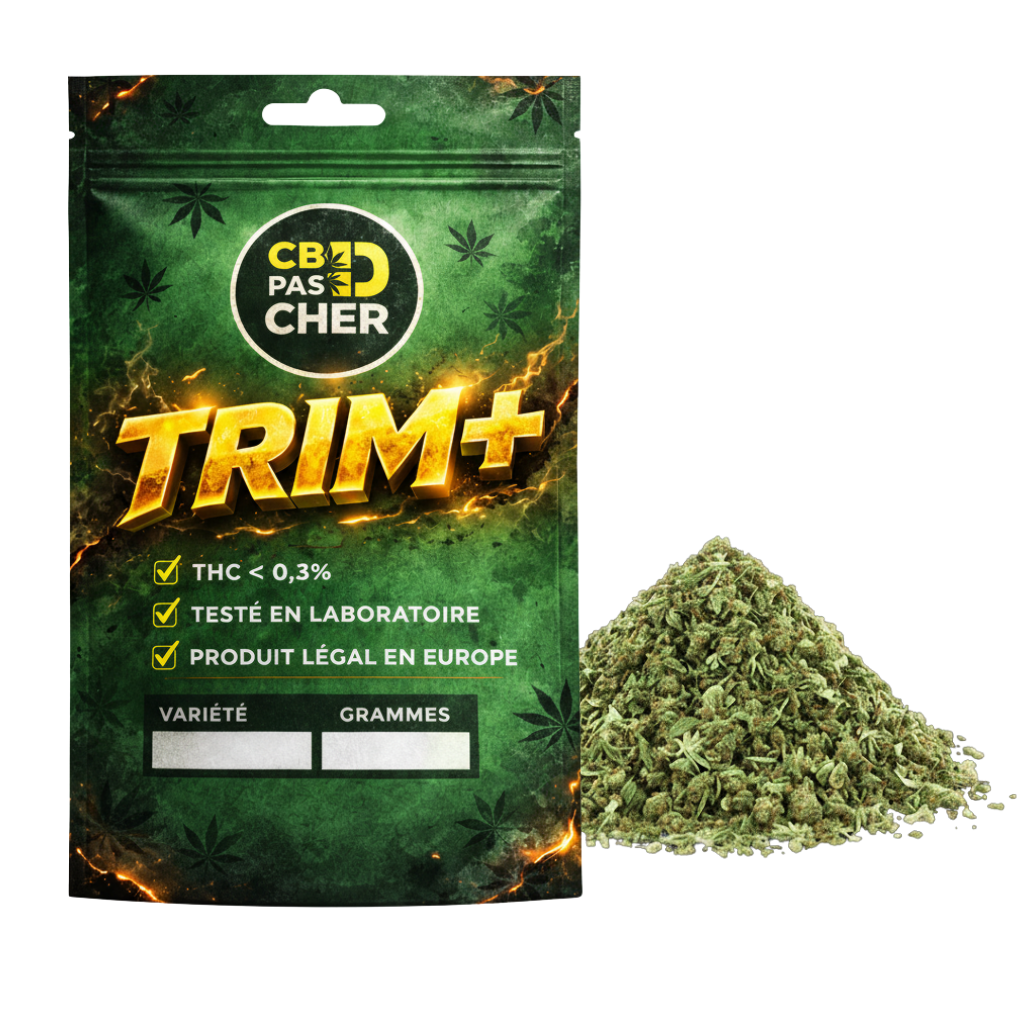 Mix 60–70% THV CBD+ "Trim" Fleur CBD+ en paquet vert de la collection Fleurs CBD +, CBD pas cher Caen, CBD bio Caen, magasin CBD Caen.