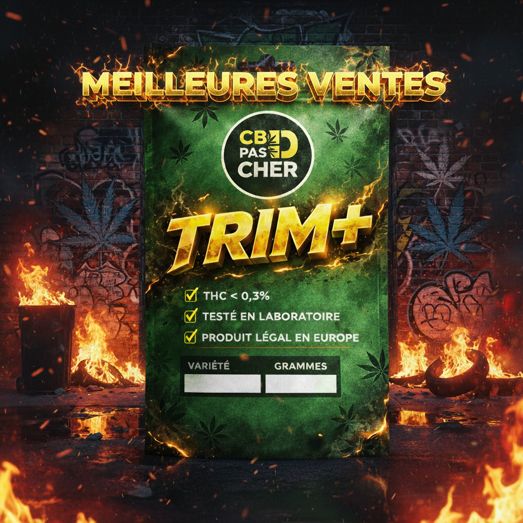 Mix 60–70% THV CBD+ "Trim" Fleur CBD+ présentation dans un décor urbain enflammé, collection CBD PAS CHER et Nos Petits Prix.