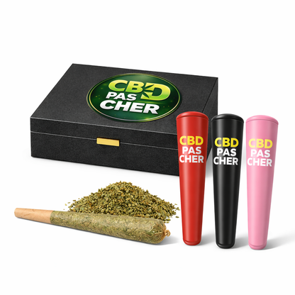 Pré rolls CBD+ 60-70% mix Fleur CBD+ avec boite et accessoires colorés, disponible dans collections Nos Petits Prix et Fleurs CBD +