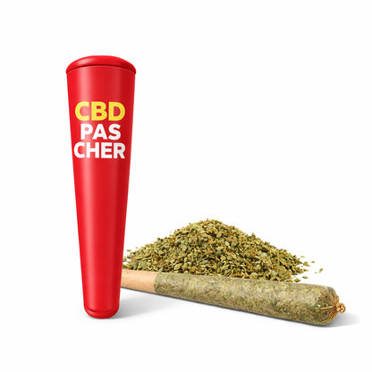 Pré rolls CBD+ 60-70% mix Fleur CBD+ avec emballage rouge CBD pas cher et herbe naturelle en arrière-plan.
