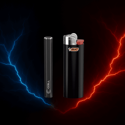Puff Complète CBD+ 90% avec briquet Bic noir sur fond noir dynamique bleu et rouge, collection Puff cbd+ et Get High.