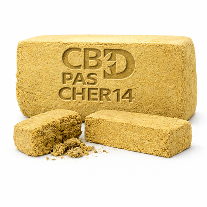 Bloc de résine jaune clair avec inscription "CBD PAS CHER14", produit Résine CBD+ 40% THV "SEUM" disponible en boutique cbd Caen.