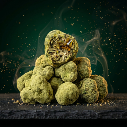 Photo produit d'une pile de fleurs de Moonrock CBD puissant disposées en pyramide sur un bloc de pierre noire texturé. Au sommet, une tête de chanvre est coupée, révélant un cœur d'extrait de wax ambré, brillant et collant comme du miel. Les fleurs sont entièrement enrobées d'une couche dense et texturée de kief pollen vert clair. L'arrière-plan présente un dégradé vert foncé avec des volutes de fumée blanche et des micro-particules dorées étincelantes en suspension.