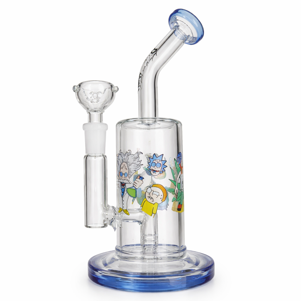 Bang verre Rick et Morty CBD 20cm – percolateur intégré diffuseur bulles, bol bowl inclus, motifs série animée imprimés corps verre borosilicate bleu transparent, pipe eau pas cher livraison France