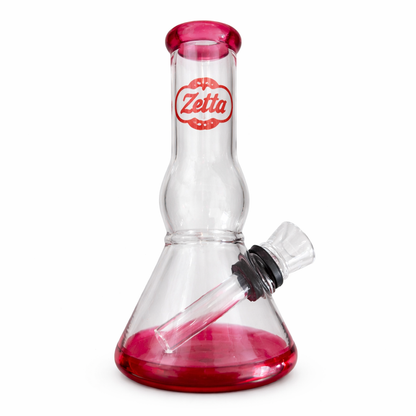 Bang Zelta beaker rouge 3/4 – carburateur latéral visible, bol bowl verre dépoli joint étanche, dégradé rouge base transparente col, pipe à eau CBD robuste format medium pas cher expédition France