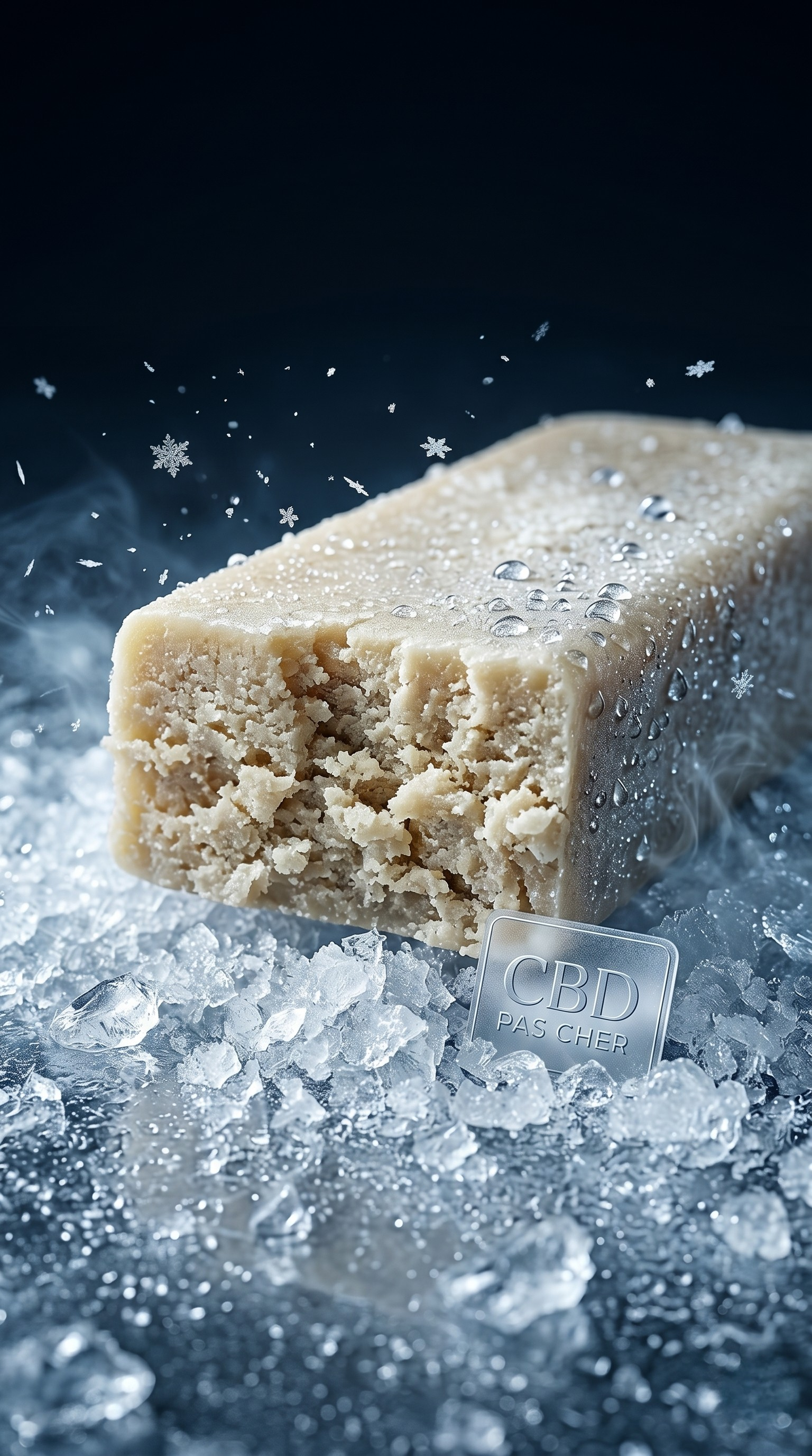 Gros plan sur un bloc de résine de CBD Granita Ice de couleur blonde à la texture sableuse et friable. Le produit issu du chanvre est mis en valeur sur un lit de glace pilée avec un effet de brume froide et des flocons de neige. Un panneau transparent gravé "CBD PAS CHER" certifie l'origine du produit.