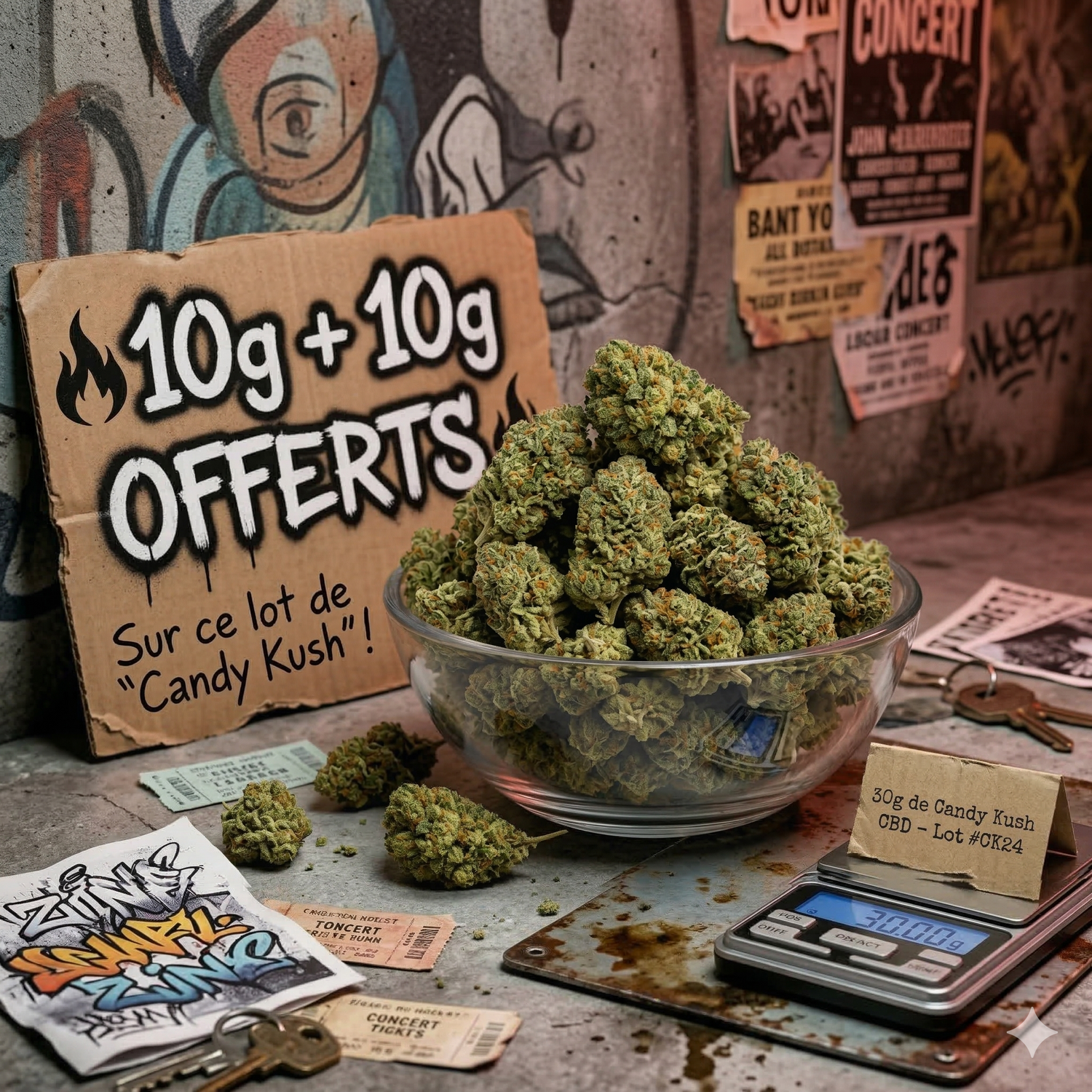 Bol en verre rempli de buds denses et resineux de fleur CBD Candy Kush 12-16%, poses sur une balance numerique affichant le poids du lot. Panneau carton manuscrit indiquant "10g + 10g OFFERTS sur ce lot de Candy Kush" avec flammes decoratives. Etiquette lot "30g de Candy Kush CBD - Lot #CK24". Fond urban style avec graffs et affiches de concert. Achat fleur CBD greenhouse indoor pas cher, aromes bonbon et berries fruitees – CBD Pas Cher 14.