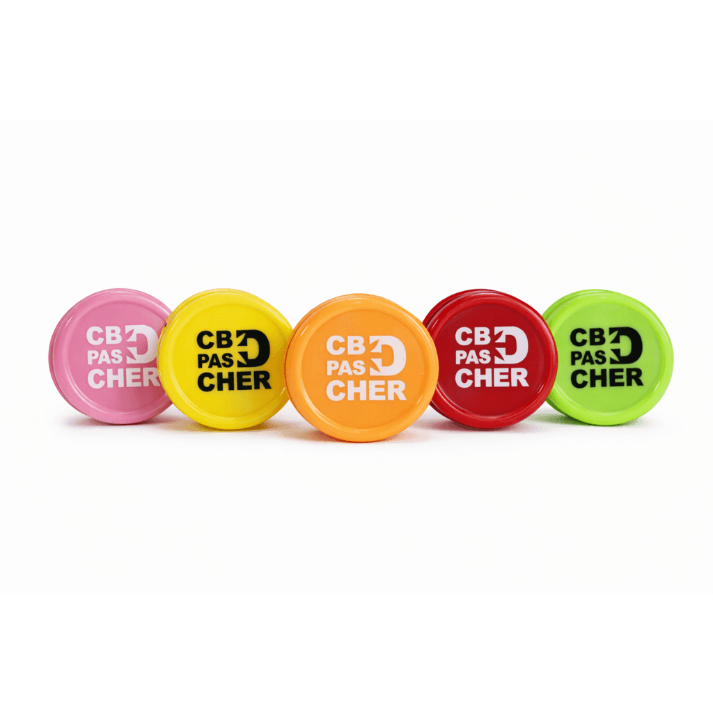 Grinder plastique CBD CBDPascher14 5 coloris rose jaune orange rouge vert – broyeur herbes 2 parties ultra-léger logo marque, format mini pocket discret, accessoire CBD pas cher livraison France
