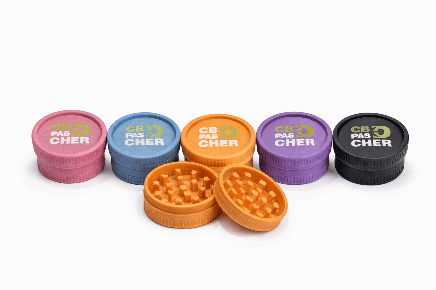 Grinder plastique CBD CBDPascher14 2 parties – collection 5 coloris rose violet bleu orange noir, broyeur herbes léger compact logo marque, accessoire CBD éco pas cher livraison France