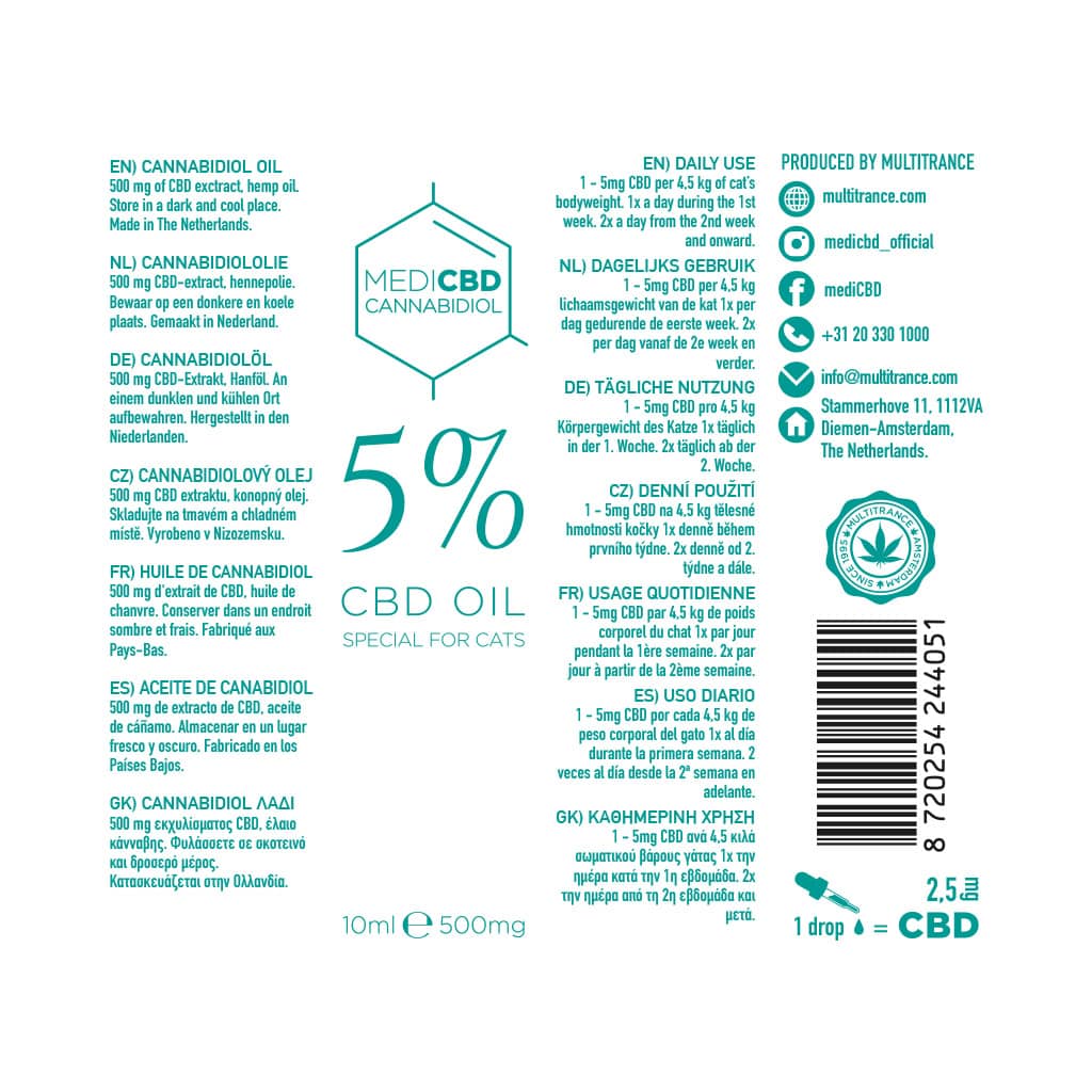 Étiquette verso huile CBD chat MediCBD 5% – composition complète ingrédients cat oil cannabidiol, certification qualité code-barres, transparence produit vétérinaire naturel THC 0.3% livraison France