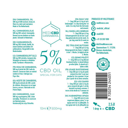 Étiquette verso huile CBD chat MediCBD 5% – composition complète ingrédients cat oil cannabidiol, certification qualité code-barres, transparence produit vétérinaire naturel THC 0.3% livraison France