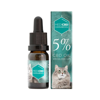 Huile CBD chat MediCBD 5% packaging boîte turquoise – flacon 10ml pipette dosage précis cat oil, cannabidiol vétérinaire qualité premium félin, complément naturel animal livraison rapide France