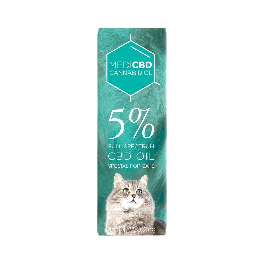 Packaging huile CBD chat MediCBD 5% face avant – boîte turquoise visuel chat persan, cat oil cannabidiol naturel 10ml, complément bien-être félin stress sénior, cadeau propriétaire chat pas cher France