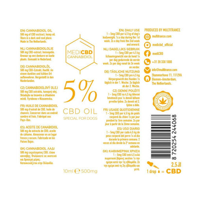Étiquette huile CBD chien MediCBD 5% verso – composition détaillée ingrédients cannabidiol, code-barres certification qualité, transparence produit vétérinaire naturel THC 0.3% livraison France