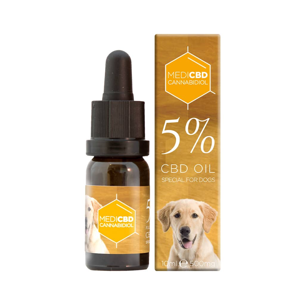 Huile CBD chien MediCBD 5% packaging boîte dorée – flacon 10ml pipette dosage précis, composition cannabidiol vétérinaire qualité premium, complément naturel animal pas cher expédition France
