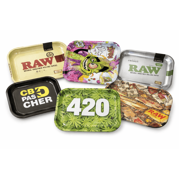 Collection plateaux à rouler RAW, 420 et CBDPascher14 – métal imprimé designs variés fumeur, plateau roulage CBD accessoire indispensable, prix bas livraison rapide France