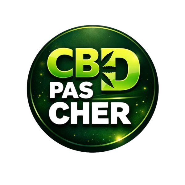Logo rond vert avec le texte « CBD PAS CHER » en lettres vertes et blanches, avec une feuille stylisée dans le D.