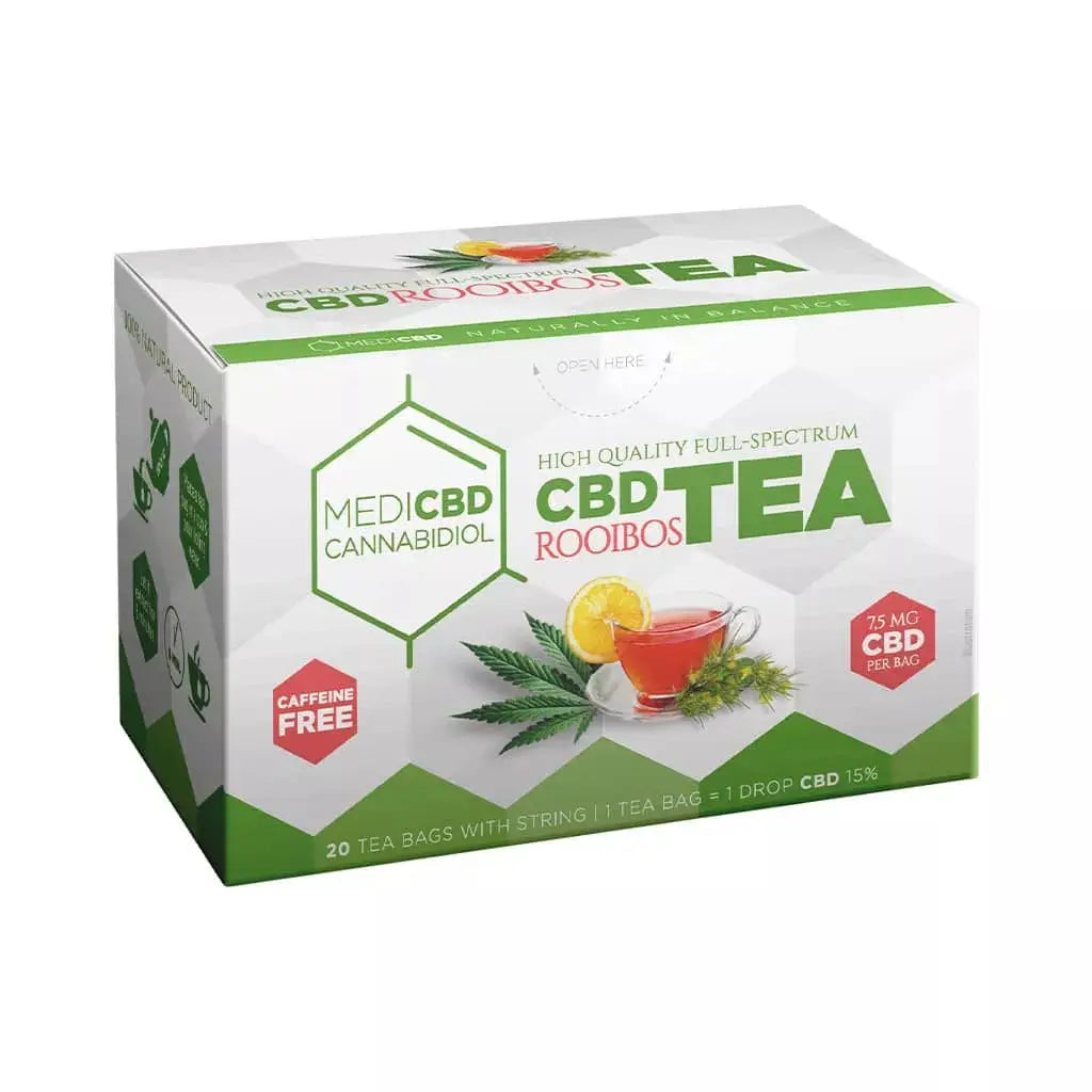 Boîte de Thé CBD Rooibos, infusion naturelle pour bien-être, collection Nos Boissons CBD et Nos Thés & Infusions CBD.