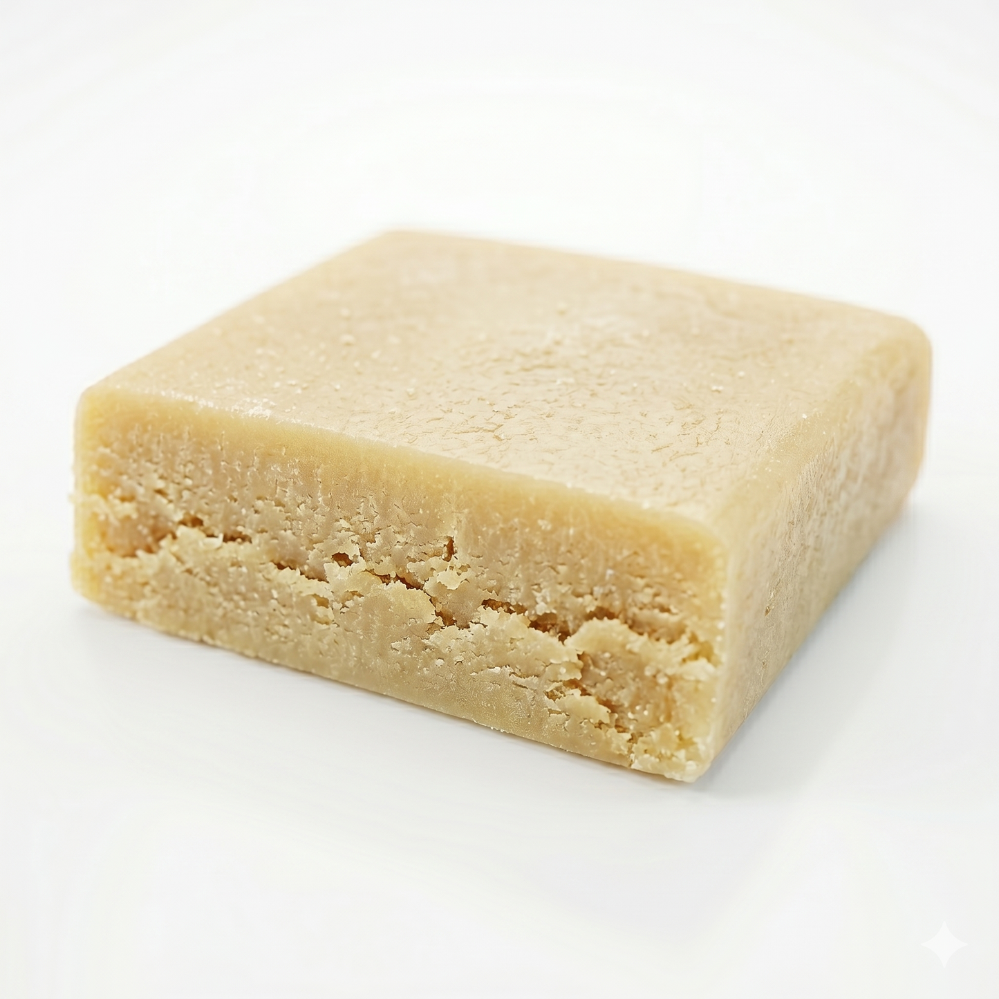 Photo produit sur fond blanc uni montrant un bloc rectangulaire de résine CBD+ Granita Ice 80% de couleur beige clair à blonde. Le morceau de hash de chanvre est présenté en gros plan, posé à plat, avec une surface supérieure lisse, légèrement brillante et grasse, et des bords coupés plus friables, sableux et granuleux. Aucun texte, logo, promotion ou mention légale n’est visible sur l’image. Visuel packshot e-commerce destiné à présenter une résine CBD ice pas cher à texture dense, fondante et premium.