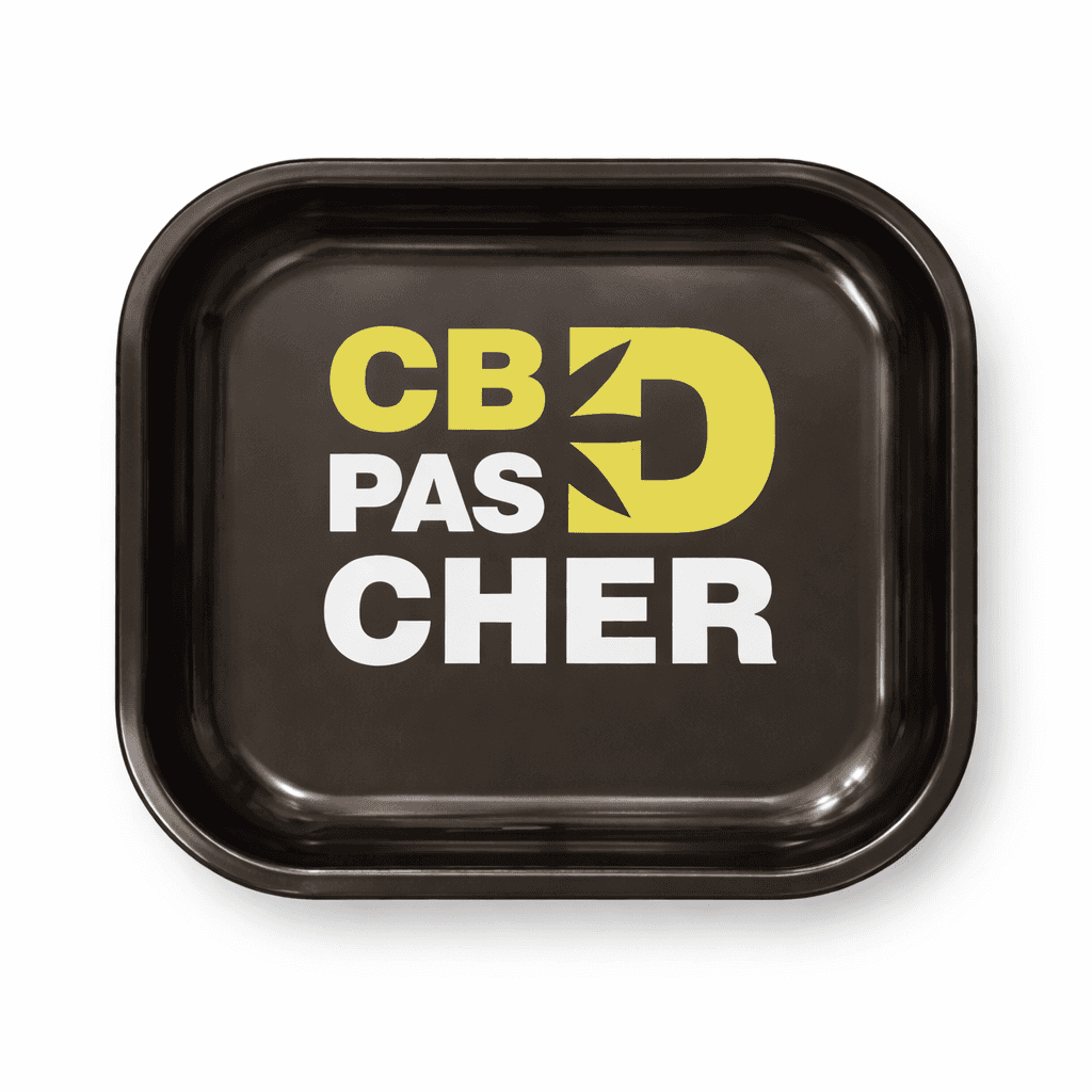 Plateau à rouler CBDPascher14 métal noir logo jaune – édition exclusive marque, accessoire roulage CBD made in Normandie, cadeau fumeur livraison France