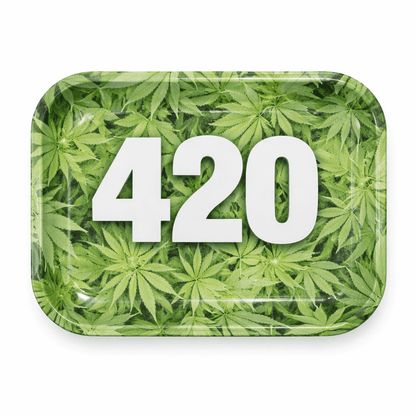 Plateau à rouler 420 métal imprimé feuilles cannabis fond vert – format standard, design weed culture, accessoire roulage CBD pas cher expédition 24h France