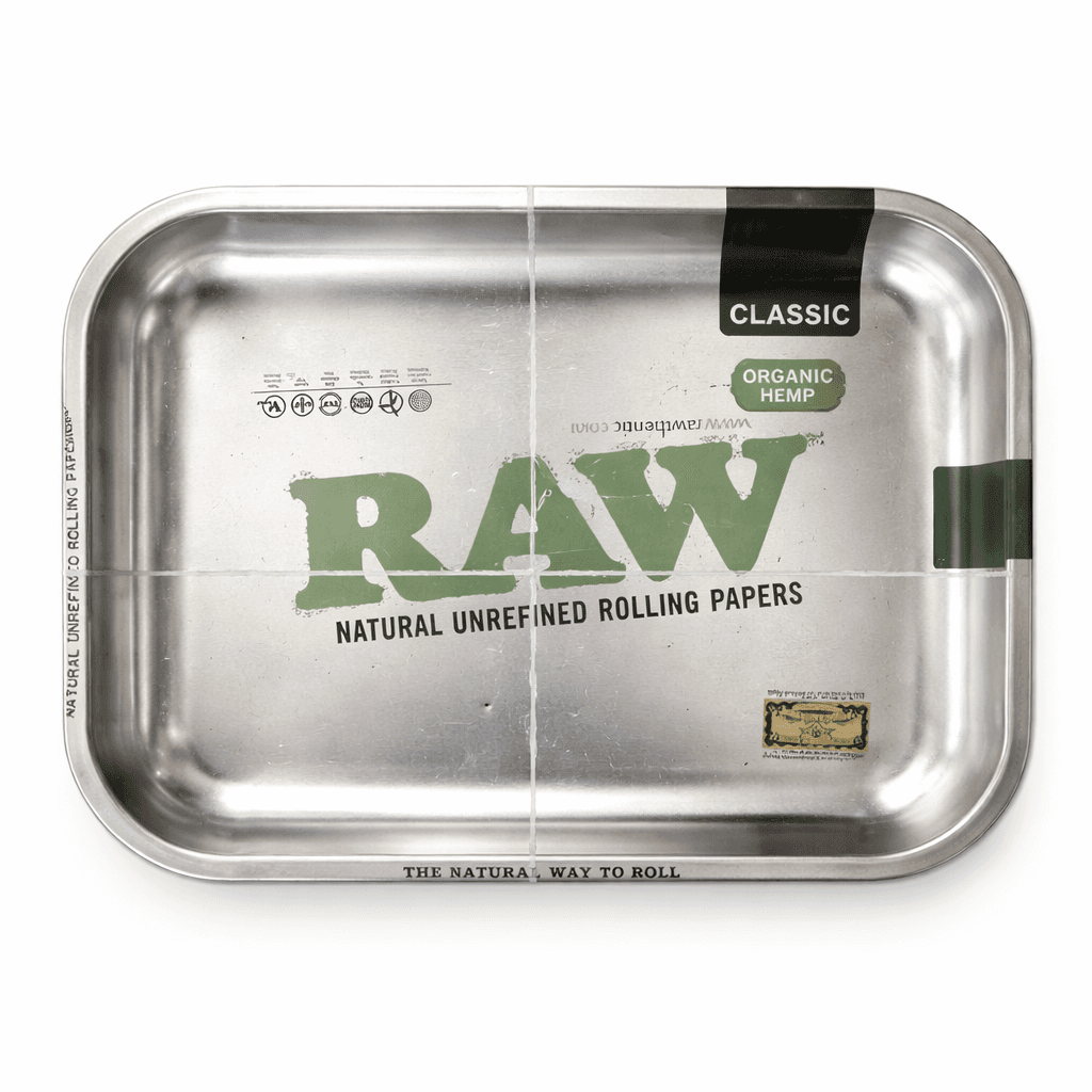 Plateau à rouler RAW Classic métal argenté – surface lisse anti-dérapante, bords relevés, format small idéal usage quotidien CBD, accessoire roulage pas cher