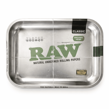 Plateau à rouler RAW Classic métal argenté – surface lisse anti-dérapante, bords relevés, format small idéal usage quotidien CBD, accessoire roulage pas cher