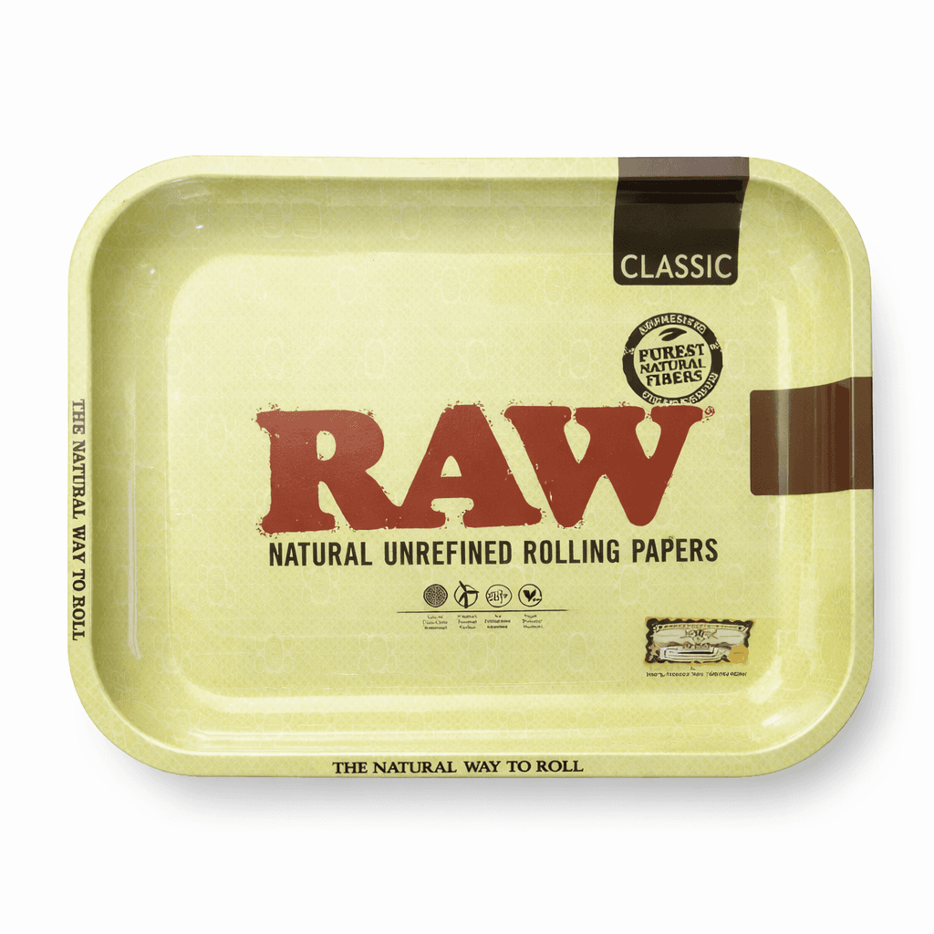 Plateau RAW Natural Rolling Papers beige classic – métal sérigraphié logo authentique, format standard roulage fleurs CBD et tabac, accessoire incontournable pas cher