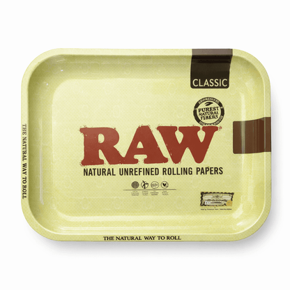 Plateau RAW Natural Rolling Papers beige classic – métal sérigraphié logo authentique, format standard roulage fleurs CBD et tabac, accessoire incontournable pas cher