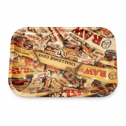 Plateau RAW vintage collage métal – imprimé motifs papiers à rouler historiques, édition collector fumeur, cadeau CBD original livraison discrète France