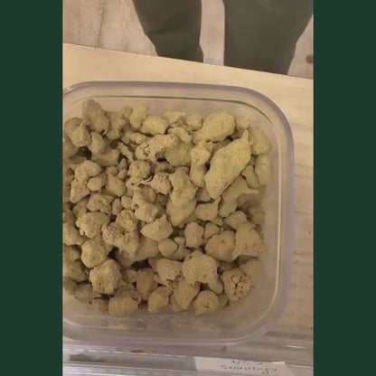 Video de presentation des Moonrock CBD+, nombreux morceaux de moonrock CBD en vrac de couleur beige creme et doree, texture granuleuse et poudreuse recouverte de trichomes cristallises, formes irregulières et volumineuses, presentes dans un contenant plastique transparent carré sur plan de travail clair, produit CBD legal France taux THC inferieur a 0,3%, moonrock CBD puissant disponible a l'achat sur cbdpaschre14.fr