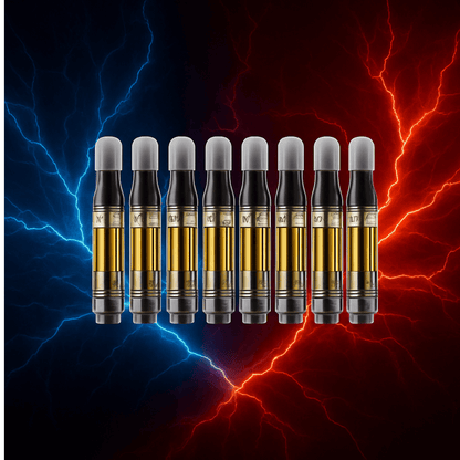 Flacons d'huile dorée alignés sur fond électrique bleu et rouge, illustrant Puff Complète CBD+ 90% pour Nos Best-Sellers Puff cbd+ Alternatives CBD+ Get High.