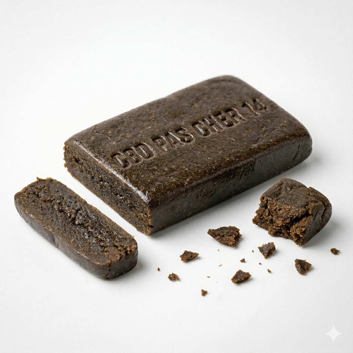 Bloc de resine CBD Charras CSA noire brillante de forme rectangulaire, inscription en relief CBD PAS CHER 14 sur la face superieure, texture grasse et collante, surface lisse avec reflets brun fonce. Au premier plan a gauche un barreau coupe, a droite un morceau detache accompagne de miettes eparpillees sur fond blanc uni. Hash premium notes terreuses boisees epicees, THC legal 0,3%, CBD Pas Cher 14.