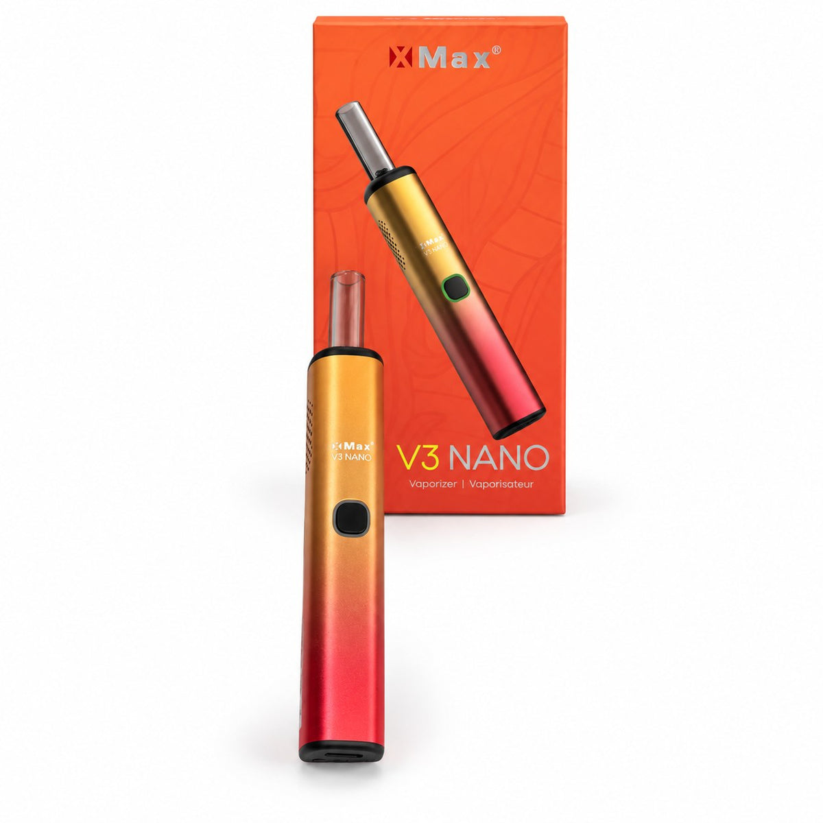 Vaporisateur XMAX V3 Nano dégradé orange et rouge devant sa boîte